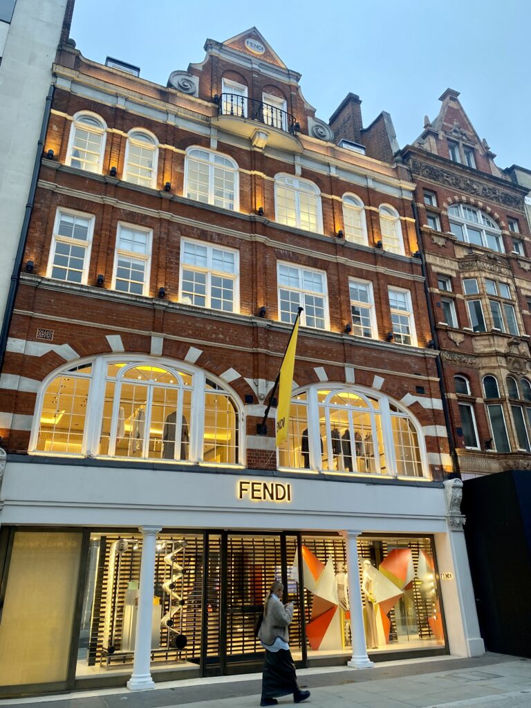 Fendi boutique on New Bond Street in London, with its sign and shop windows