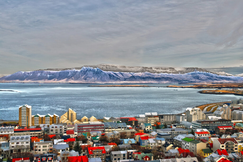 Reykjavík rooftops, waterfront and the mountain skyline