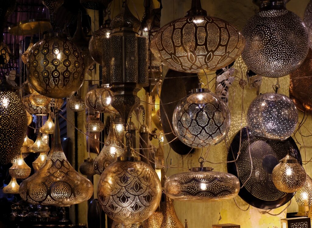 Metal lanterns displayed in the souk in Marrakech medina