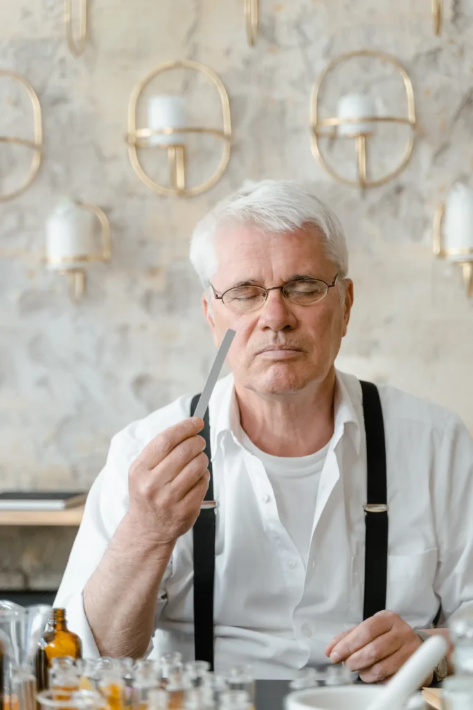 A person smelling a fragrance test strip